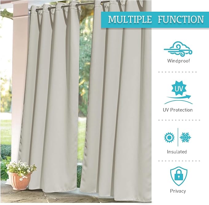 RYB HOME Extra Wide Outdoor Curtains for Patio Waterproof Heavy Duty Thermal Insulated in Summer Full Coverage Privacy for Gazebo, Cabana & Pergola, W100" x L90", Natural, 1 Panel