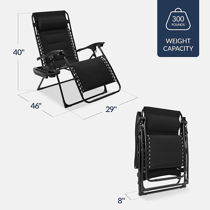 Best Choice Products Oversized Padded Zero Gravity Chair, Folding Outdoor Patio Recliner, XL Anti Gravity Lounger for Backyard w/Headrest, Cup Holder, Side Tray, Polyester Mesh - Black