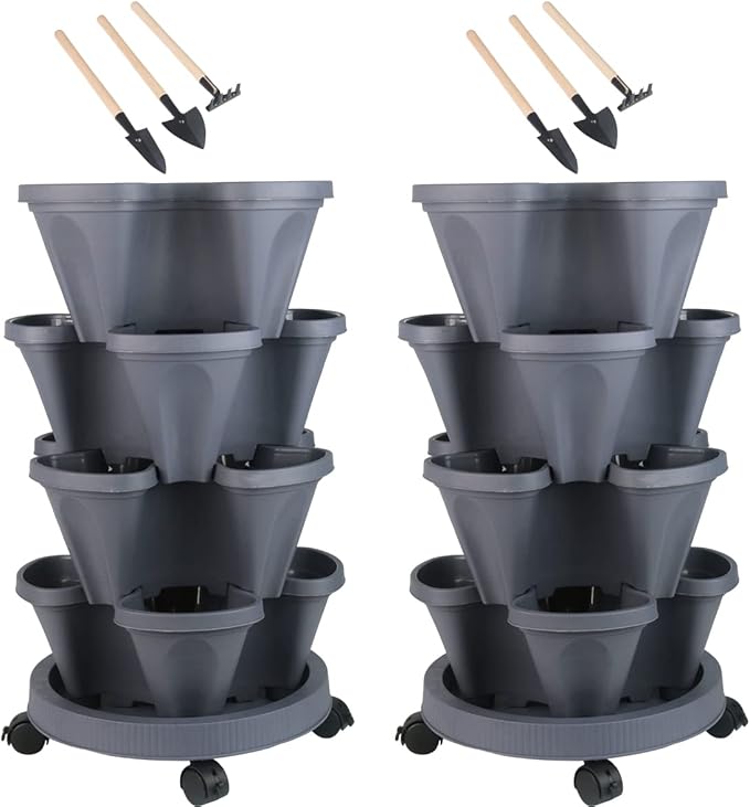 DUNCHATY Stackable Planter, Vertical Garden Planter with Wheels and Tools, Self Watering Strawberry Planter Indoor/Outdoor 4 Tier Herb Planter Pots for Growing Vegetables and Succulents, Dark Gray