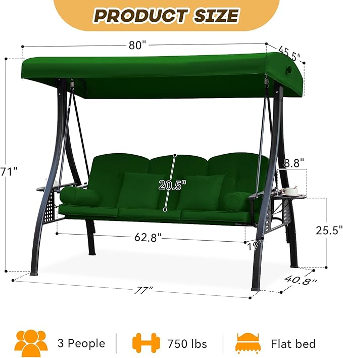 3 in 1 Outdoor Porch Swing with Adjustable Canopy, 3 Seat Outdoor Swing for Adults, Patio Swing Chair with Thickened Cushions,Pillows & Cup Holders for Backyard, Porch, Garden (Green)