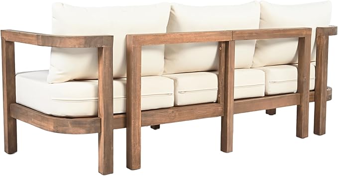Merax 3 Seater Outdoor Acacia Wood Patio Sofa with Cushions for Porch, Garden, Backyard, Balcony, Brown wash, Beige Cushion