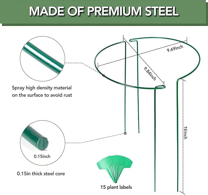 Joyhalo 12 Pack Plant Support Stakes, 16 Inch Plant Stakes for Outdoor Plants, Peony Cages and Supports, Peony Cage with 15 Pcs Twist Ties, Flower Stakes Peonies Support Cages for Plants