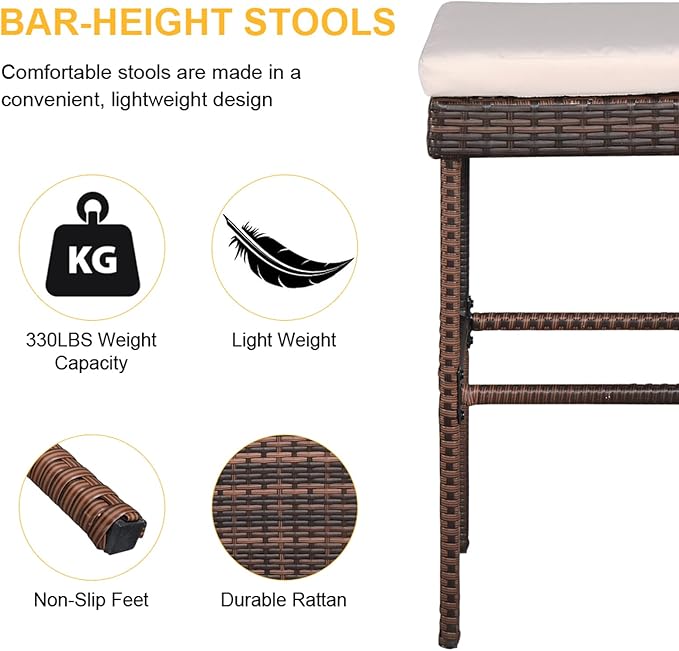 Outvita Wicker Patio Outdoor Bar Set with Glass Top Table and Two Cushioned Stools Brown Backyard Furniture Poolside, Garden, Porches