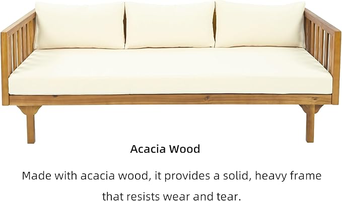 Merax Outdoor 3 Seater Daybed, Acacia Wood Day Bed Couch Sofa with Cushions for Patio Backyard, Garden, Beige