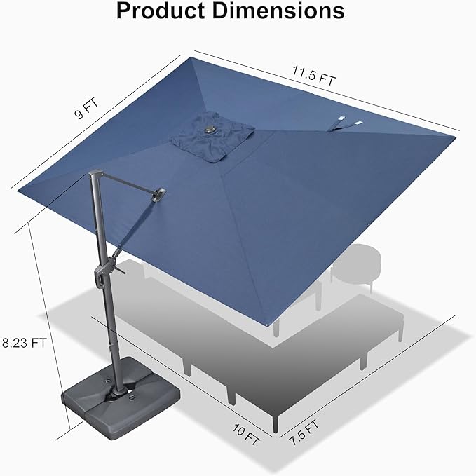 PURPLE LEAF Patio Umbrella 9' X 11.5' Rectangle Cantilever Umbrella Large Aluminum Outdoor Umbrellas with 360-degree Rotation & UPF40+ Premium Fabric for Deck Pool Garden Yard, Ocean Slate