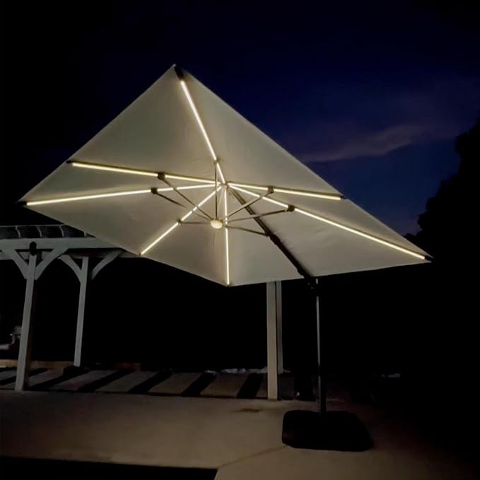 PURPLE LEAF 10 Feet Patio Umbrella Outdoor Cantilever Solar Powered LED Swivel Square Umbrella Aluminum Offset Umbrella with 360-degree Rotation for Garden Deck Pool Patio White