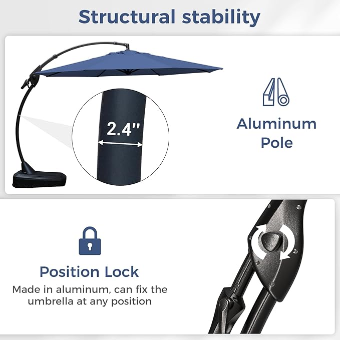 Grand patio 12FT Outdoor Offset Umbrella with Base & Cover Patio Aluminum Round Cantilever Umbrella for Garden Deck Poolside (Navy Blue, 12 FT)