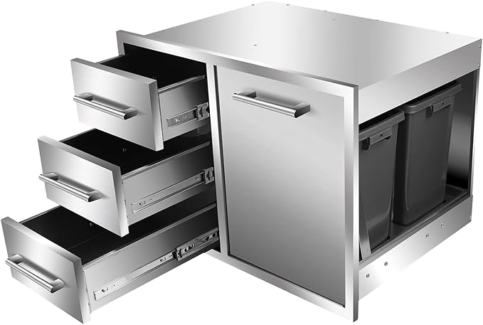 Outdoor Kitchen Drawer Combo, BBQ Access Trash Drawer Combo with Triple Stainless Steel Drawers(Left), Outdoor Kitchen for BBQ Island, Grilling Station, Outside Cabinet (28" W x 19.6“D x 20.1" H)