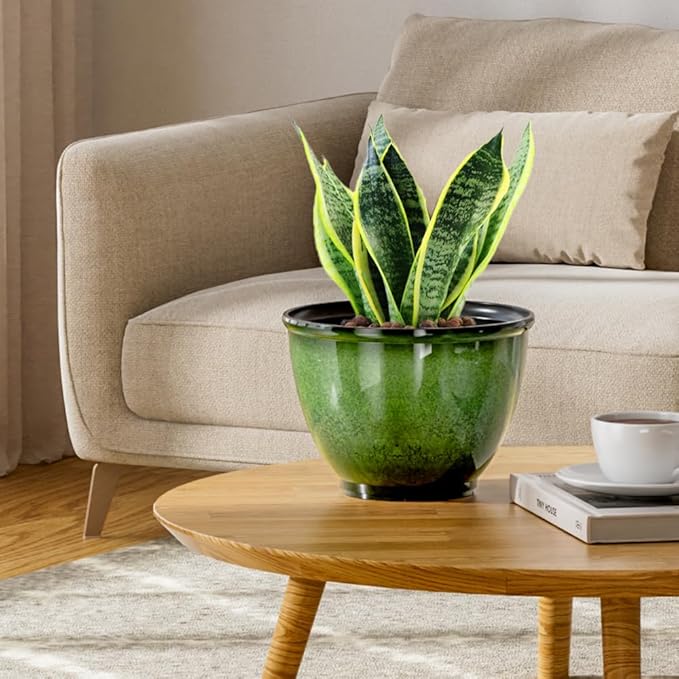 8 Inch Plastic Plant Pots, Set of 4 Flower Pots Planters with Drainage Hole, Glossy Smooth Finish Planter for Indoor Outdoor Succulent Snake Plants (Green)