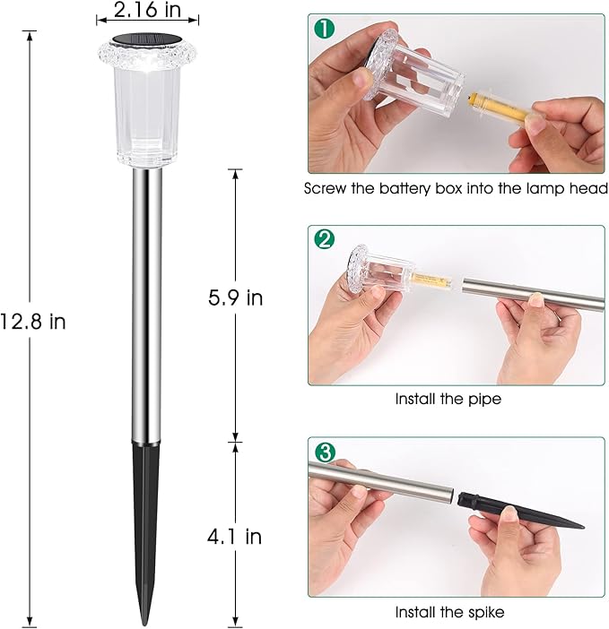 Solar Outdoor Lights, 10 Pack Waterproof Stainless Steel Solar Stake Lights for Pathway Garden Yard Path Walkway Driveway Lawn Patio Outside Decor, Cool White