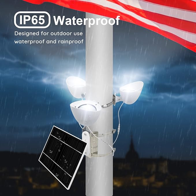 Solar Flag Pole Light, 3 Super-Spotlights LEDs, Adjustable Metal Clamps Fits 2-6''Flag Poles, IP65 Waterproof Outdoor Solar Powered Flagpole Lights, 360 Degrees of Flag Illumination, White