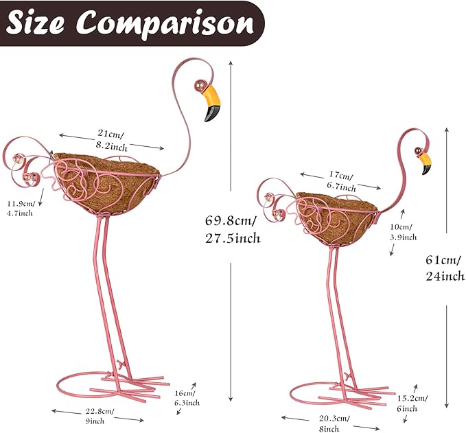Set of 2 Pink Flamingo Outdoor Planters with Basket, Metal Flamingo Planter for Indoor Outdoor Garden Yard Decor