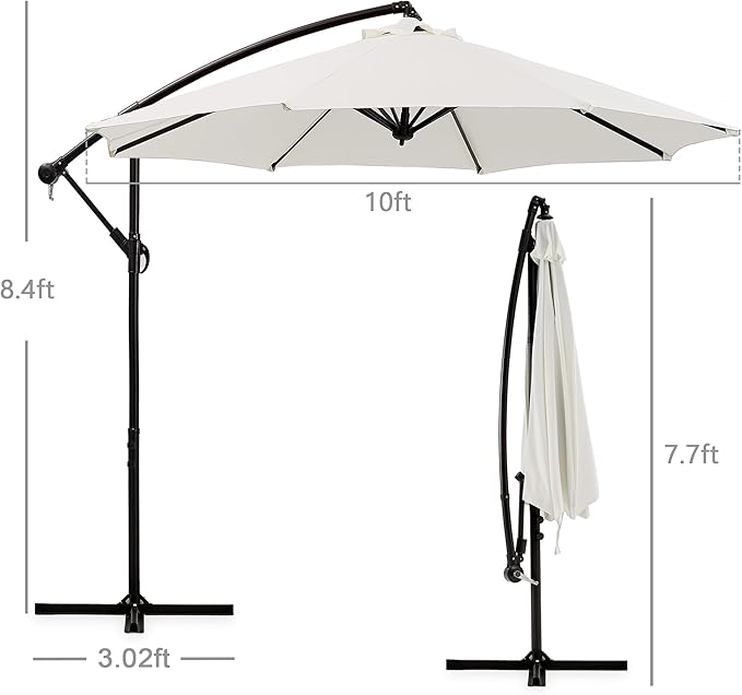 VECELO 10ft Offset Patio Umbrella, Cantilever Umbrella, Hanging Outdoor Umbrellas with 8 Ribs, Market Umbrella w/UV Protection Waterproof for Market/Backyard/Pool/Garden/Lawn, Handy Crank&Cross Base