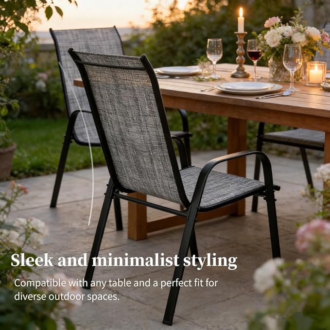MAMIZO Patio Dining Chairs, Stackable All Weather Teslin Chair, Heavy Duty Outdoor Breathable Chairs Set, w/Armrests, Upgraded Chair FeetW/Strenthened Iron Spacers, 330 LBS (6, Grey)
