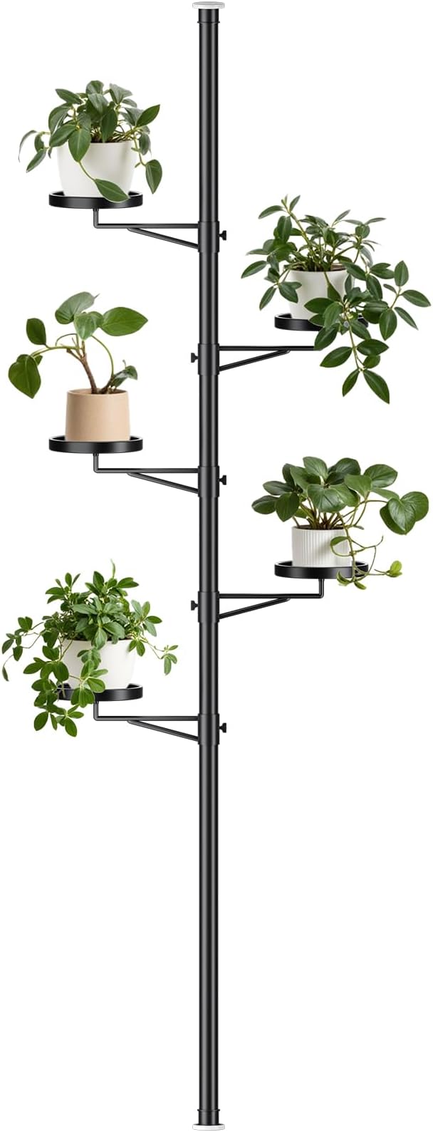 Tension Rod Plant Stand, 5 Tier Tension Pole Plant Stand with 5 Metal Trays, Plant Poles for Hanging Plants Indoor, Floor to Ceiling Plant Pole Hanging Plant Stand