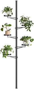 Tension Rod Plant Stand, 5 Tier Tension Pole Plant Stand with 5 Metal Trays, Plant Poles for Hanging Plants Indoor, Floor to Ceiling Plant Pole Hanging Plant Stand