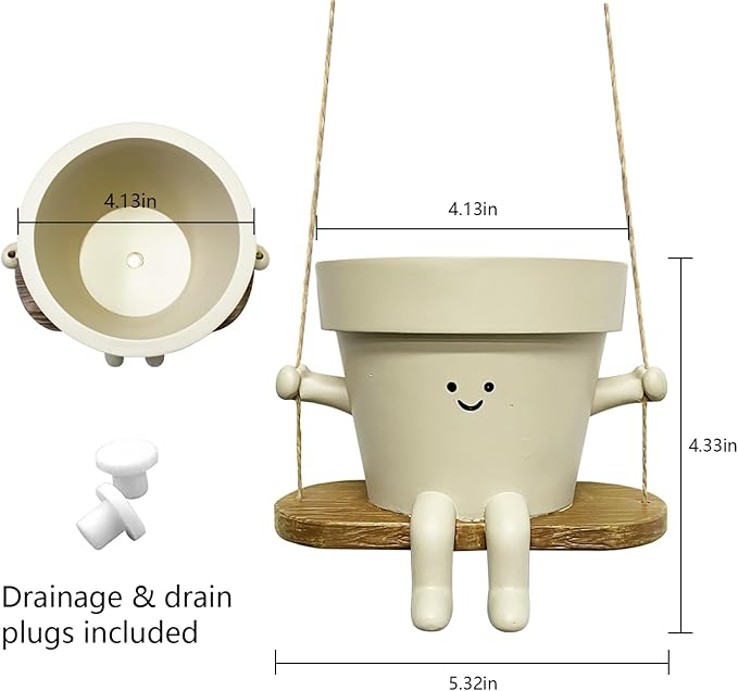 Hanging Planter Swing Face Plant Pot - Cute Resin Head Planters with Drainage Hole Indoor Outdoor Plant Holder, Succulent/String of Pearls Flower Pots, Unique Sitting Sway Pots, Gift Ideas for Mother