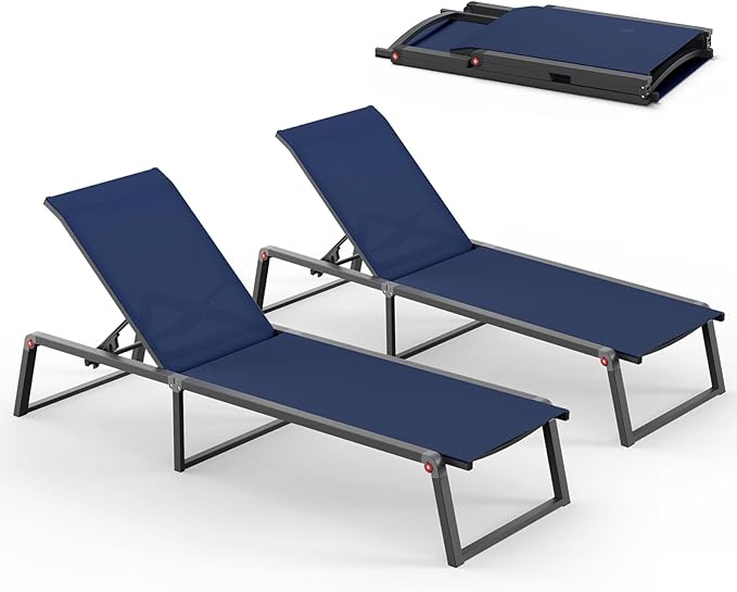 Aluminum Chaise Lounge Outdoor Set of 2, Foldable & Assembly Free Patio Pool Lounge Chairs 5-Position Recliner for Outside Poolside, Fully Grounded Legs Sun Lounger for Beach, Yard, Navy Blue