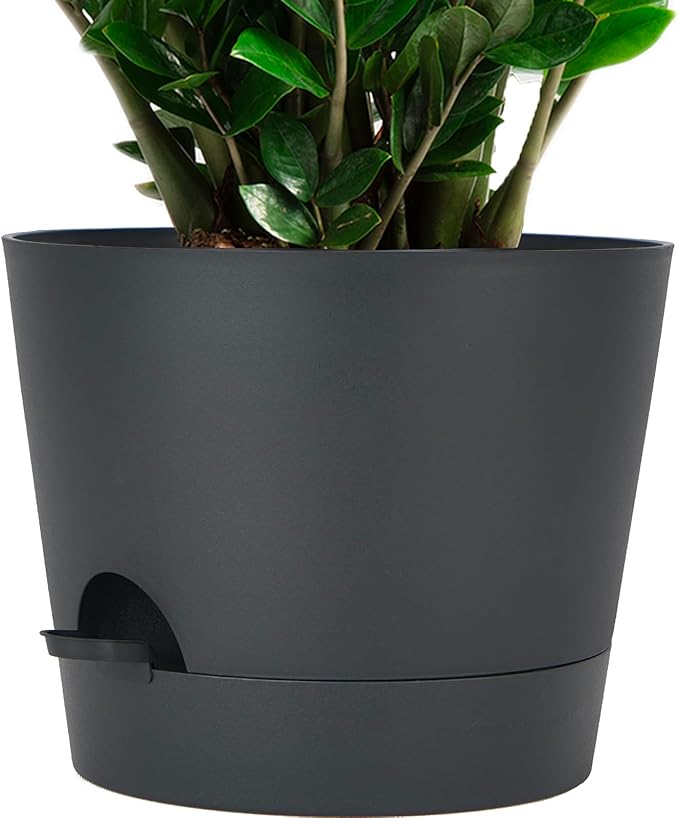12inch Large Self Watering Plant Pot, Plastic Cylinder Planter with 60Oz Deep Reservoir and Saucer for Indoor Outdoor Plants Flowers Houseplants, Black