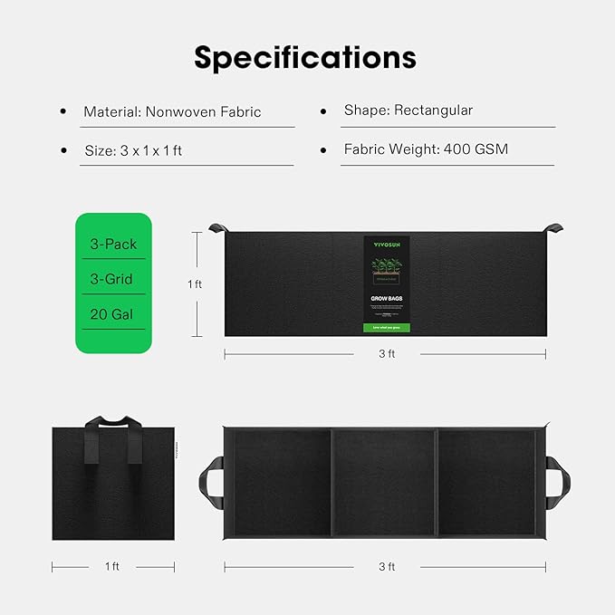 VIVOSUN 3-Pack 3-Grid 20 Gallon Grow Bags, Heavy Duty Square Plant Grow Pots, 400G Thickened Breathable Fabric Plant Container with Reinforced Handles & 10 Pcs Plant Labels for Flowers, Vegetables