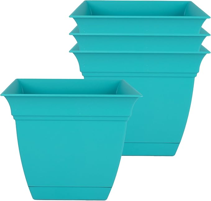 The HC Companies 8 Inch Eclipse Square Planter Pots with Drainage Holes & Attached Saucer, Lightweight UV-Resistant Plastic Indoor Outdoor Planters, 4-Pack Flower Pots for Garden & Home Decor, Teal