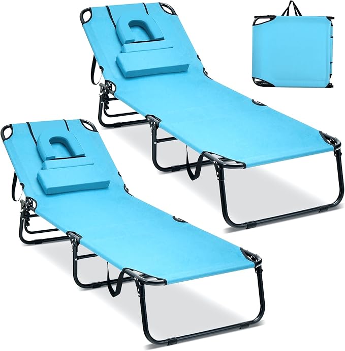 GYMAX Tanning Chair, 350lbs Beach Lounge Chair with Face Hole, Washable Pillow & Carry Strap, Adjustable Folding Chaise Lounge, Layout Lounger for Outside, Patio, Poolside, Lawn (2, Arctic)