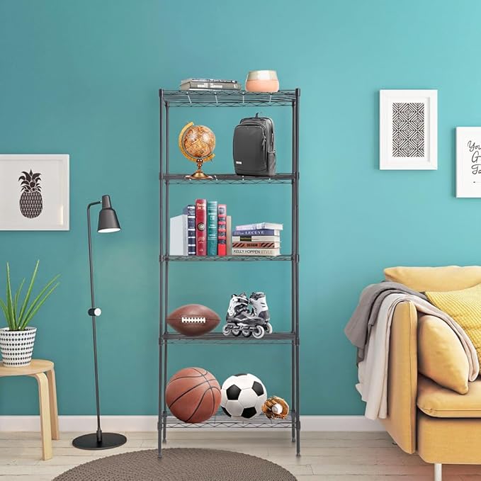 BestOffice | 5-Tier Wire Storage Shelves | 14x24x60 | Black| Heavy-Duty Metal Shelf, Holds Upto 750 lbs | No-Tool Assembly | Ideal for Home & Garage Shelving
