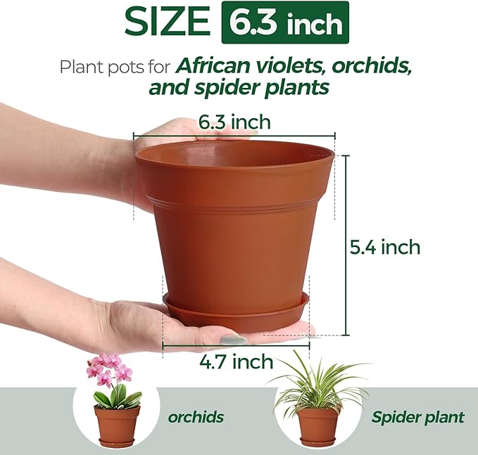 T4U 6 Inch Plant Pot 8-Pack, Plastic Planter with Drainage Hole and Saucer, Decorative Nursery Pots Bulk for African Violet, Snake Plant, Succulent, Herb and Plants Indoor (8 Pcs 6" Pots)
