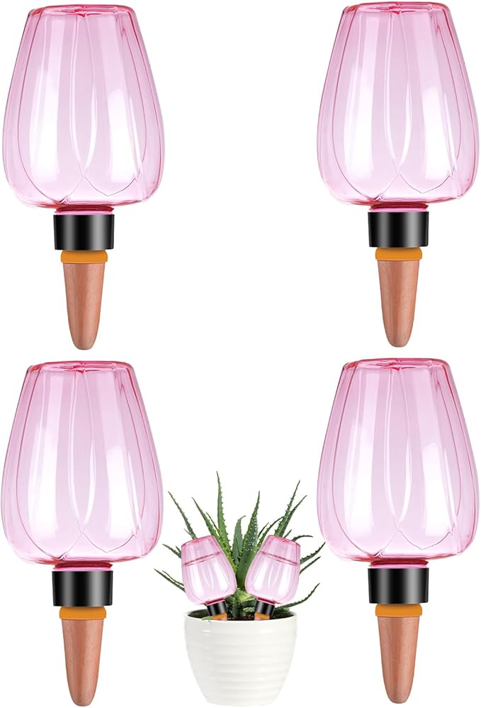 4 Pcs Plant Watering Globes Self Watering Planter Insert Plants Top Fill Water Device Plastic Water Bulbs Slow Release Terracotta for Plants, Pink