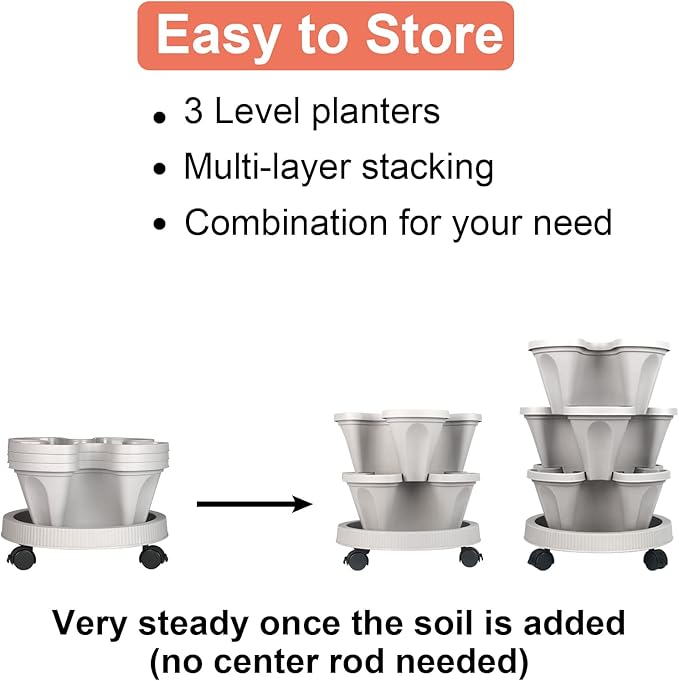 DUNCHATY Stackable Planter, Vertical Garden Planter with Wheels and Tools, Self Watering Strawberry Planter Indoor/Outdoor 3 Tier Herb Planter Pots for Growing Vegetables and Succulents,Gray