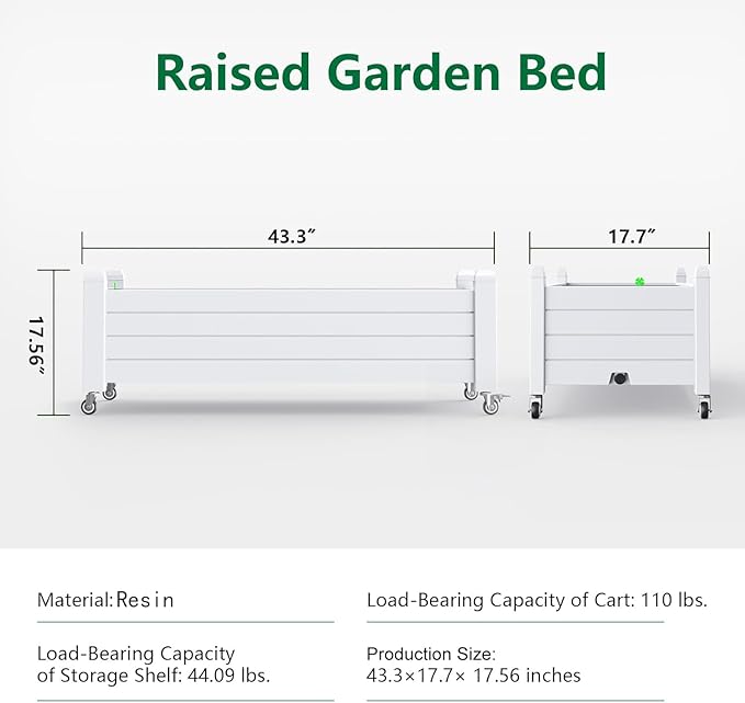 Raised Garden Bed with Wheels, 21 Gallon Self-Watering Outdoor Raised Planter Box with Drainage Plug & Gauge for Vegetables Flowers Herbs, Rustproof Resin for Backyard Patio Porch (Ashen)
