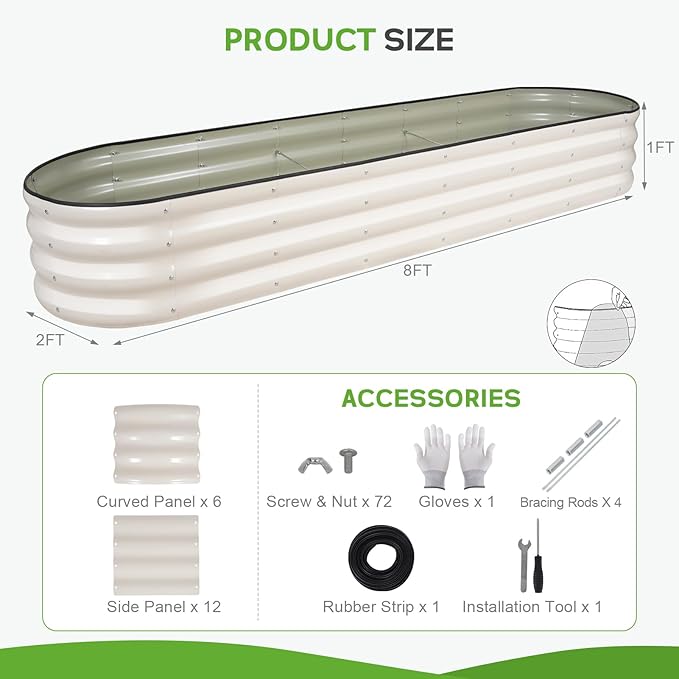 Galvanized Raised Garden Bed - 8×2×1ft Planter Raised Beds for Gardening | Oval Metal Garden Planter Box with Safety Edging and Bracing Rods for Vegetables Fruits and Flowers (White)