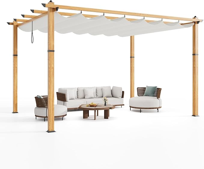 10 x 13 ft Aluminum Pergola with Adjustable Canopy, Outdoor Metal Pergola, Imitation Wood-Grain Sun Shade Shelter for Garden Patio Backyard Deck