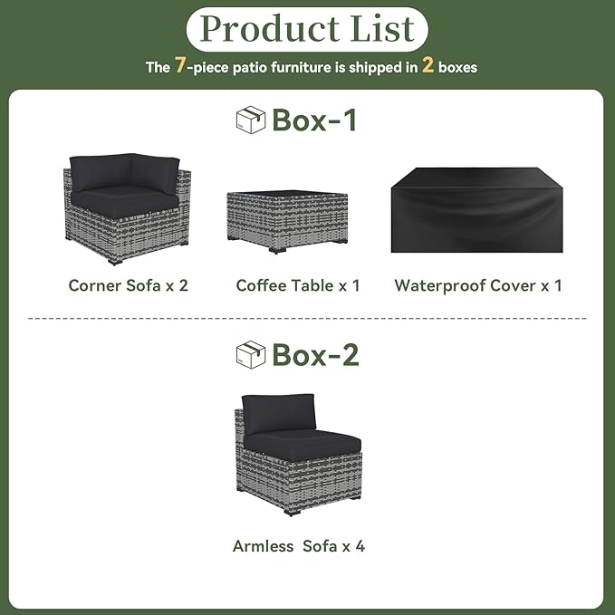 Aoxun 7 Piece Patio Furniture Set Wicker Rattan Patio Conversation Set Outdoor Sectional Sofa Set with Coffee Table and Thickened Cushions, Grey/Black(Waterproof Cover Included)