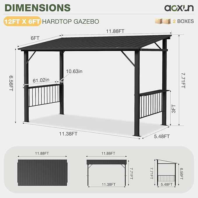 Aoxun 12x6 FT Hardtop Grill Gazebo with 2 Side Shelves & Hooks for Outdoor Grill, Outdoor BBQ Gazebo Canopy with Sloping Steel Roof, Permanent Metal Gazebo for Patio, Backyard, Lawn, Deck