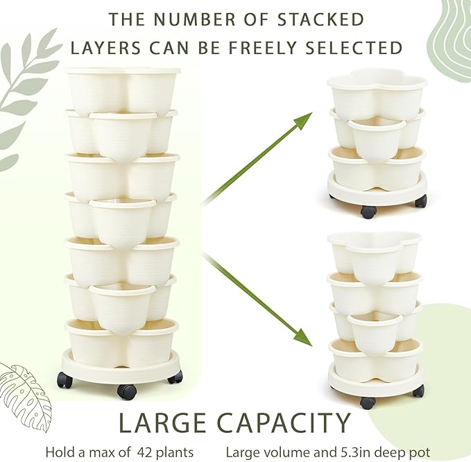 Umigy 2 Set Ivory 2 Set of 7 Tier Stackable Vertical Planters with Removable Wheels and Tools Tower Planters Strawberry Herb Flower Vegetable Pots Indoor Outdoor Gardening Pots