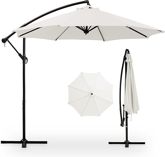 VECELO 10ft Offset Patio Umbrella, Cantilever Umbrella, Hanging Outdoor Umbrellas with 8 Ribs, Market Umbrella w/UV Protection Waterproof for Market/Backyard/Pool/Garden/Lawn, Handy Crank&Cross Base