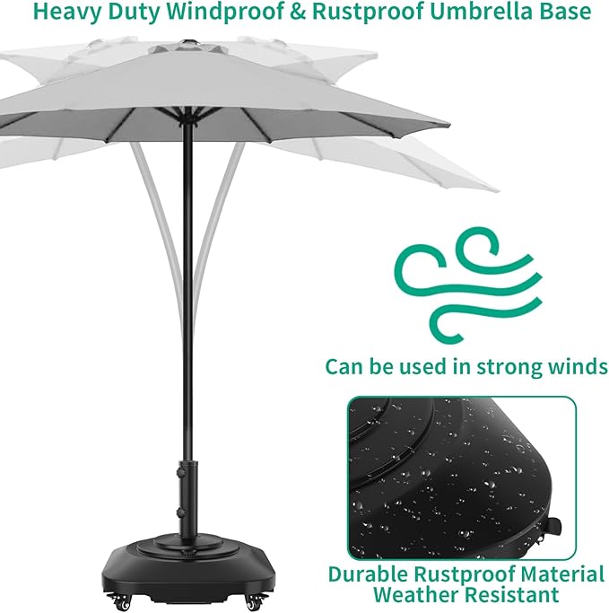 Umbrella Base with Wheels, Umbrella Stand Base Heavy Duty 100lb Windproof, Fillable Umbrella Base Mobile Square Umbrella Stand Outdoor Base for Patio, Deck, Poolside, Lawn, Fits Most Sized Umbrellas