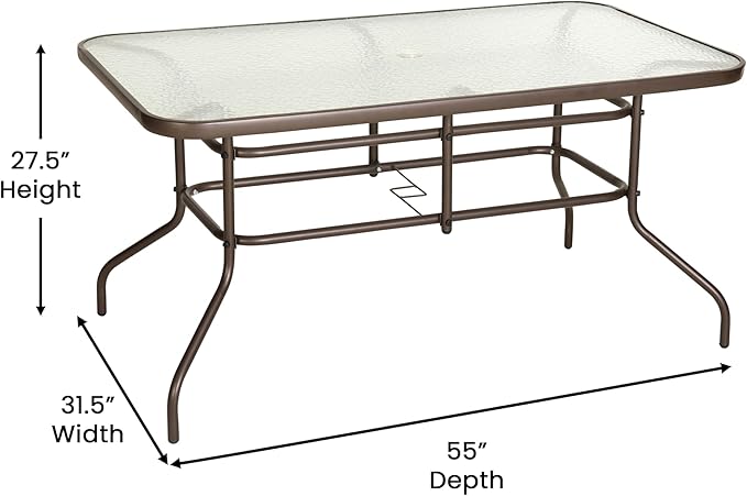 Flash Furniture Tory 31.5" x 55" Rectangular Tempered Glass Metal Table with Umbrella Hole, Bronze