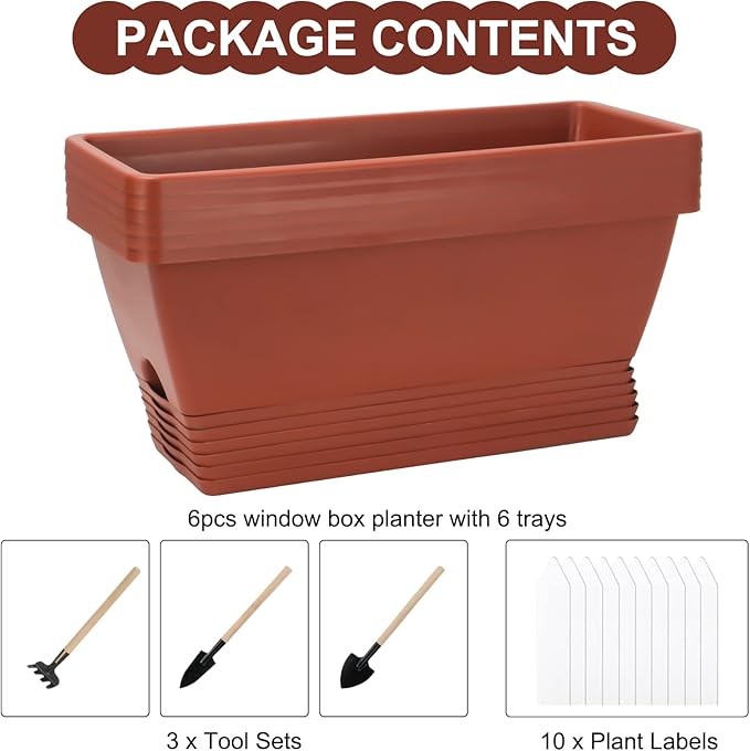Window Box Planter, 6 Packs 17 Inches Rectangle Planters Box with Drainage Holes and Trays, Vegetable Planters for Windowsill Patio Garden Home Decor Porch Yard Red