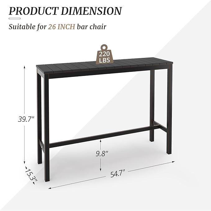 Outdoor Bar Table, 55" Patio Bar Height Counter Console Table, Black Waterproof HDPS Slatted Top and Bronze Leg, Weather Resistant, Hot Tub, Balcony, Yard, Indoor or Outdoor Use