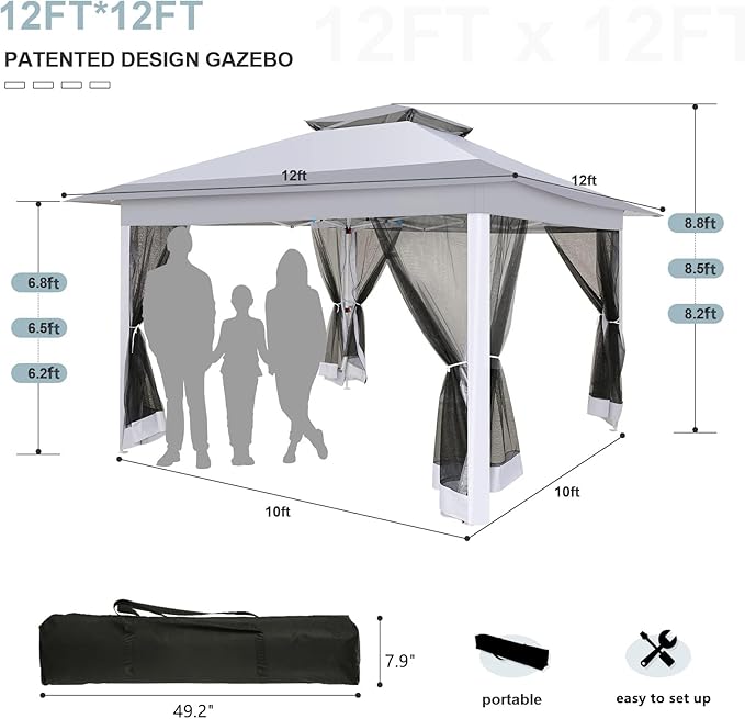 COBIZI 12x12 Pop up Gazebo on Clearance with Mosquito Netting, carpas para Patio Deals, Outdoor Canopy Tent with Portable Carrying Bag, Patio Gazebo for Garden Backyard & Lawn & Beach, Grey