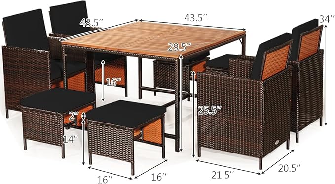 Tangkula 9 Pieces Acacia Wood Patio Dining Set, Space Saving Wicker Chairs and Wood Table with Umbrella Hole Outdoor Furniture Set, Suitable for Garden, Yard, Poolside, Outdoor Seating Set (Black)