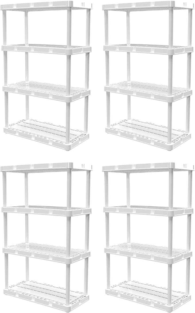 Gracious Living 4 Pack Light Duty Storage Shelves, Knect-A-Shelf 4-Shelf Ventilated Shelving Rack Organizer for Home, Garage, Basement & Laundry, White