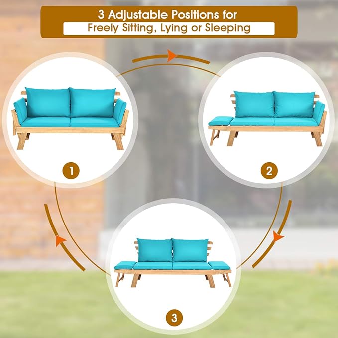 Tangkula Convertible Acacia Wood Patio Couch Sofa Bed with Adjustable Armrest, Outdoor Daybed with Cushion & Pillows, Outside Folding Futon Sofa Couch Bench for Porch, Courtyard, Poolside & Garden