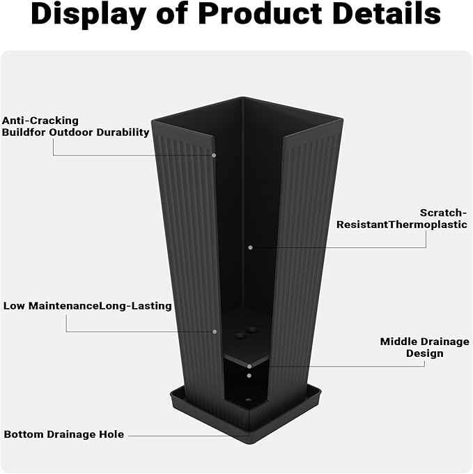 Tall Planters for Outdoor Plants Set of 2, 23.6" Large Taper Flower Plant Pots with Drainage Hole and Drainage Trays, Weather-Resistant Plastic planters for Patio, Porch, Garden, Black
