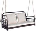 Tangkula Outdoor Wicker Porch Swing, 2-Person Hanging Seat with Seat & Back Cushions, Heavy-Duty Metal Frame & 2 Sturdy Hanging Ropes, Wicker Woven Swing Loveseat for Front Porch, Backyard (Off White)