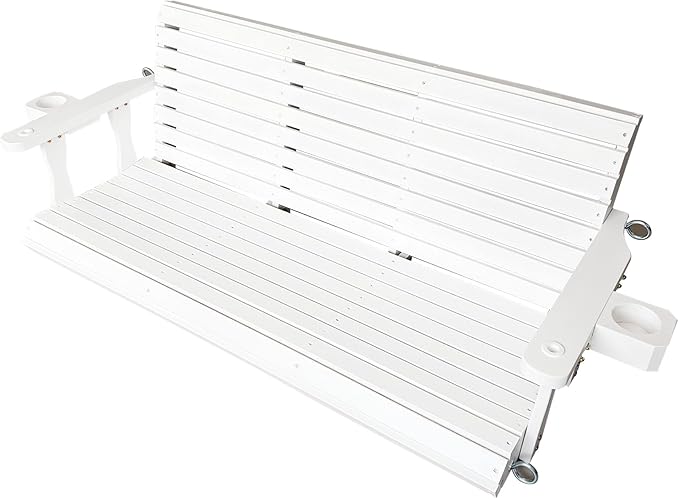 Wooden Porch Swing 3-Seater, High Backrest and Deep Seat, Bench Swing with Cupholders, Hanging Chains and 7mm Springs, Heavy Duty 880 LBS, for Outdoor Patio Garden (Pure White, 5 FT Extra Large)