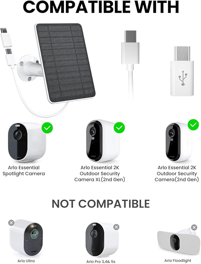 5W Solar Panel Charger Compatible with Arlo Essential 2K Outdoor Camera(2nd Gen)/Essential Outdoor XL(2nd Gen)/Essential Spotlight, IP65 Waterproof 10ft USB-C & Micro USB Cable & Wall Mount, 4 Pack
