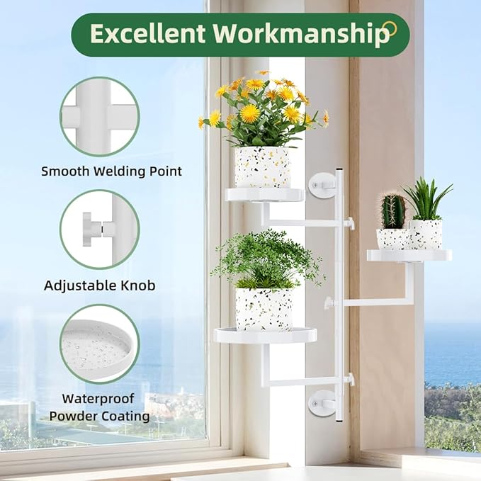 Plant Holder Indoor Rotating Window Plants Shelves Metal Wall Plant Stand 3 Tier Wall Planters for Indoor Plants, for Outdoor, Patio, White